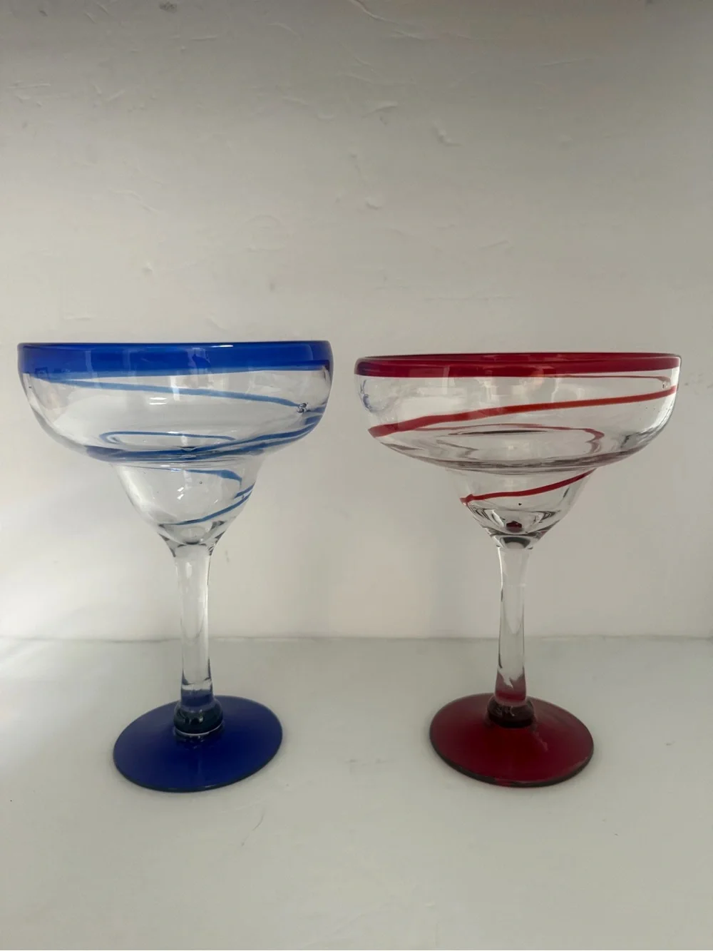 Set of 2 Hand Blowing Large Margarita Glasses with Blue & Red Accents
